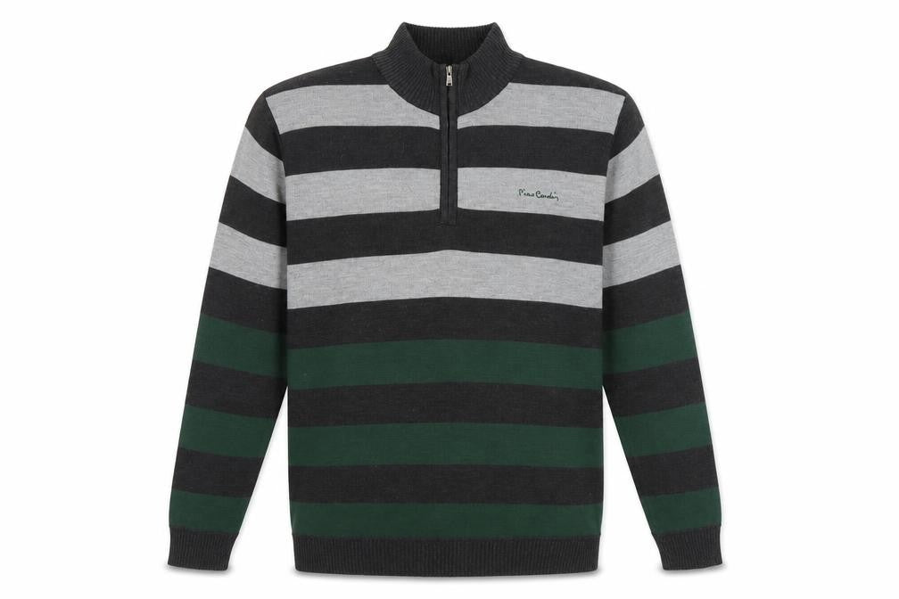 Front view of Pierre Cardin Men's Grey Striped jumper, size L