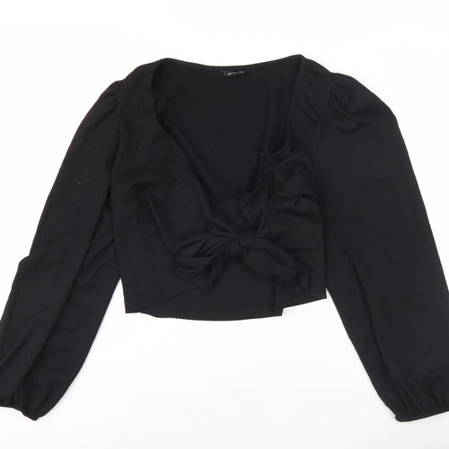 Monki Women's Black Wrap Blouse, L, Bow Accent