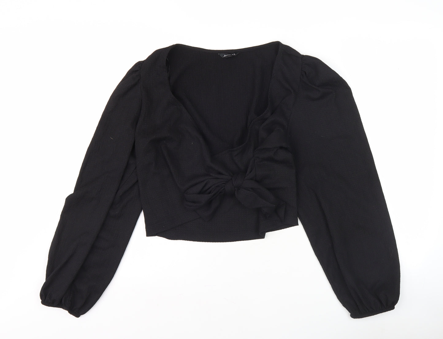 Monki Women's Black Wrap Blouse, L, Bow Accent