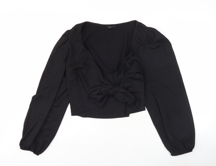 Monki Women's Black Wrap Blouse, L, Bow Accent