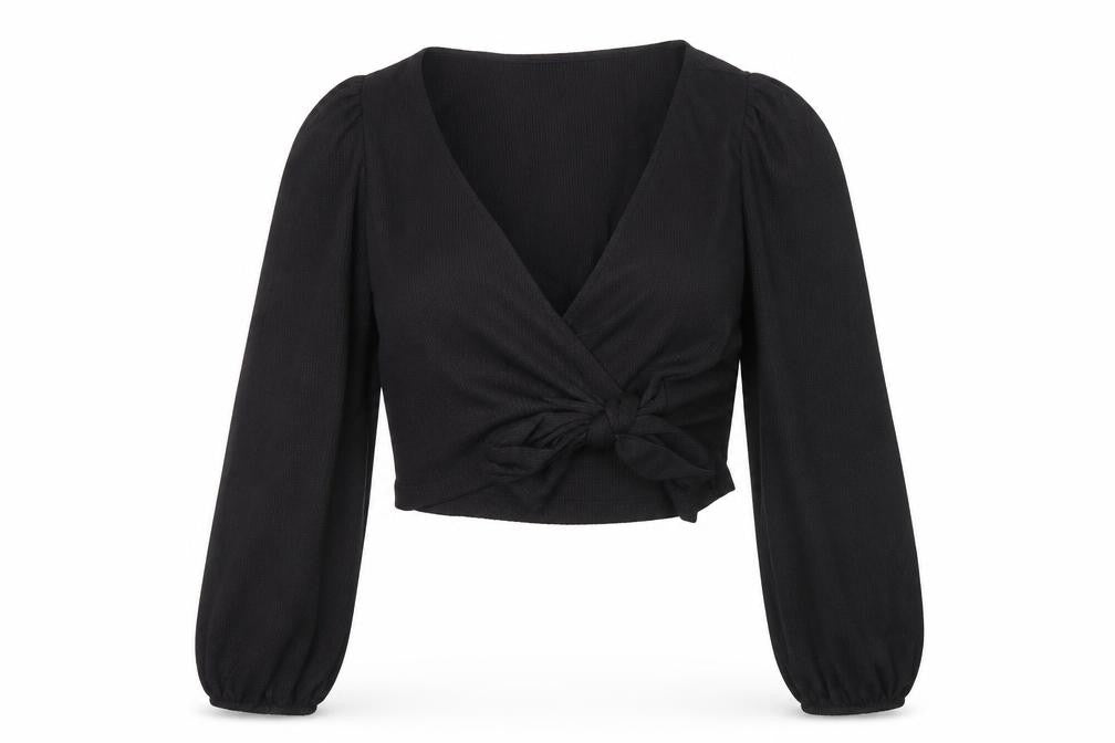 Front view of Monki Women's Black Wrap Blouse, L, Bow Accent