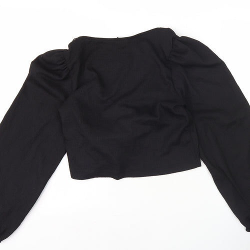 Monki Women's Black Wrap Blouse, L, Bow Accent