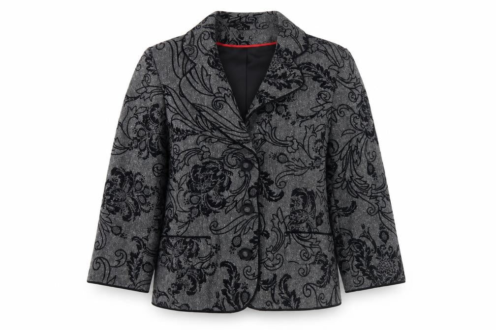 Front view of Collezioni Women Grey Floral Blazer, size 10