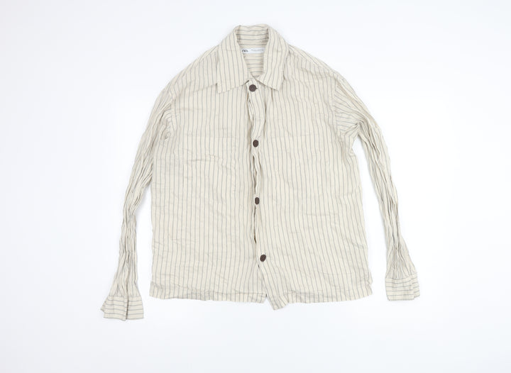 Zara Beige Striped Button-Up Shirt Women's Size S