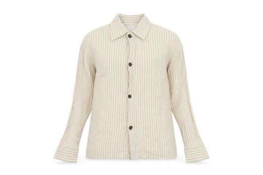 Front view of Zara Beige Striped Button-Up Shirt Women's, size S
