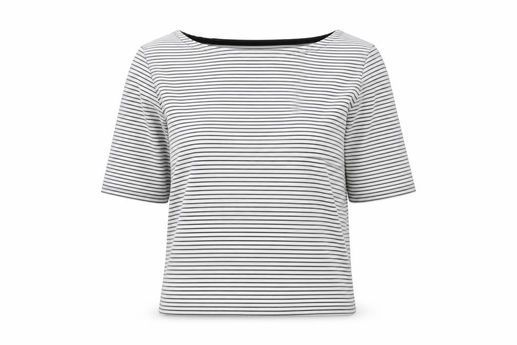 Front view of Warehouse Women’s Striped T-Shirt, Black/White, size UK 10