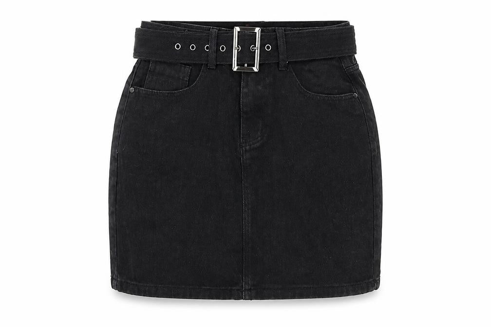 Front view of PRETTYLITTLETHING Women's Black Denim Skirt, UK 10