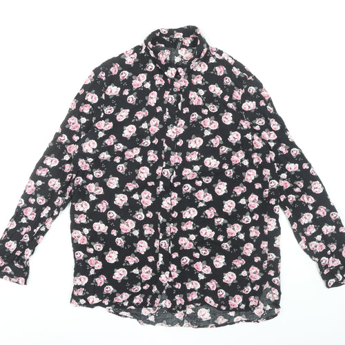 H&M Women Black Floral Button-Up Shirt