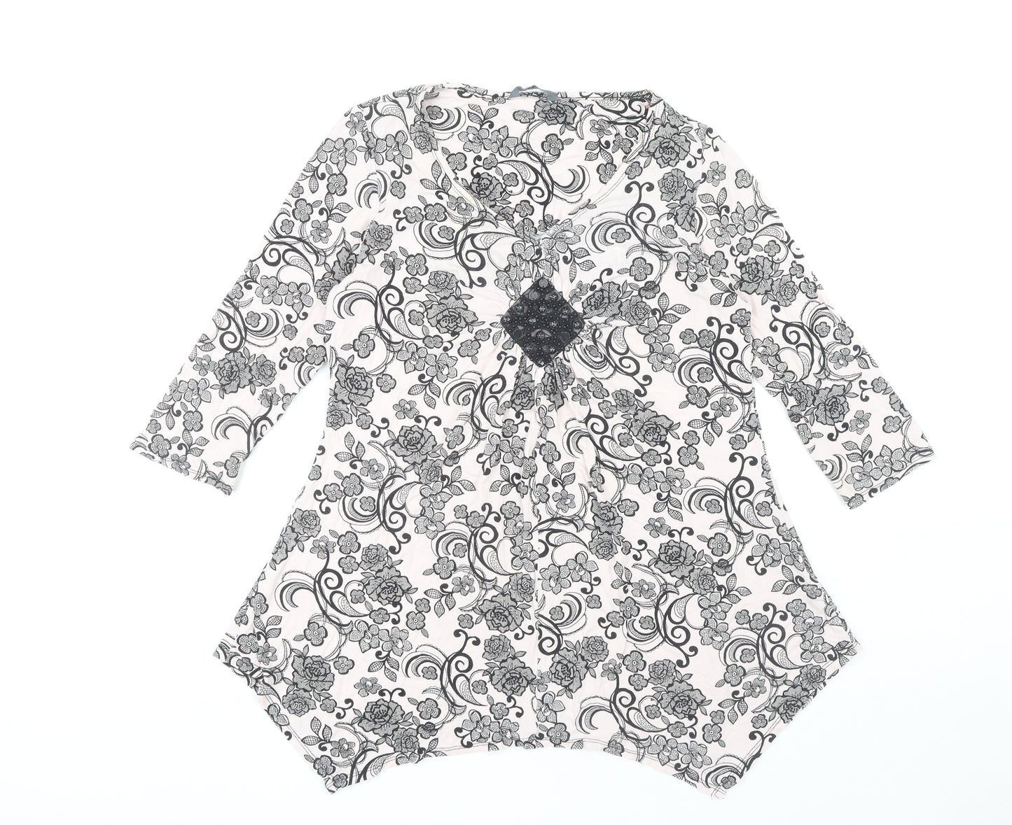 W Women's Black Floral 3/4 Sleeve Top Size 14
