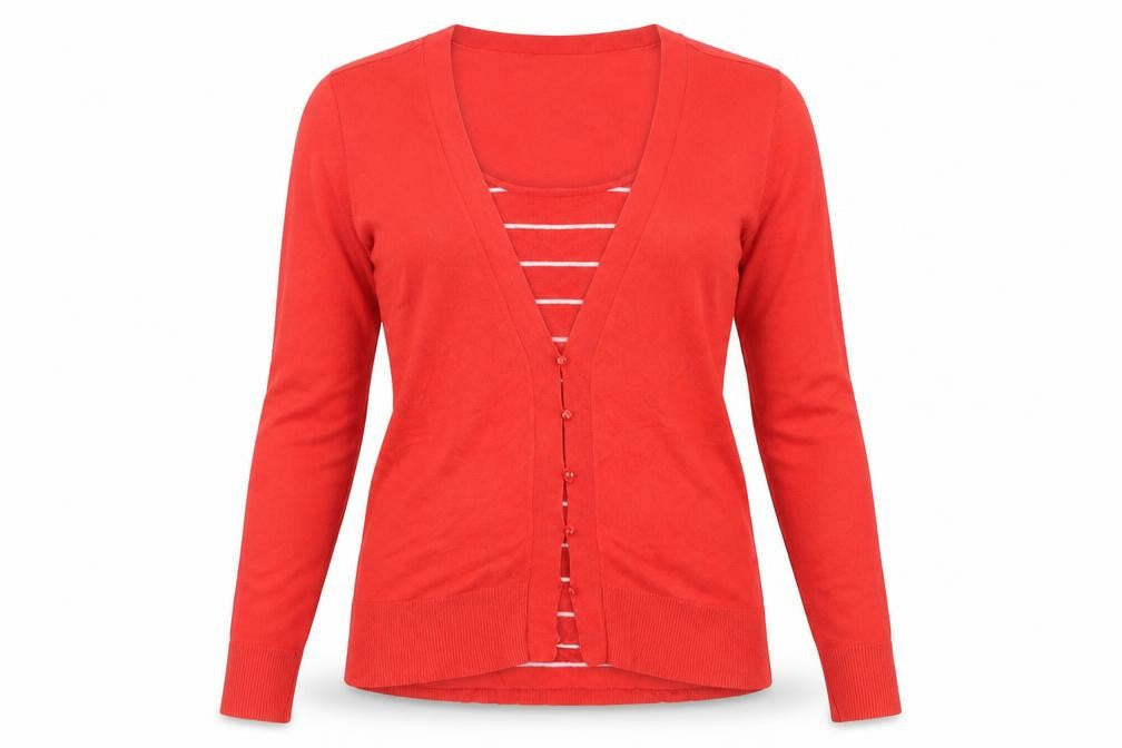 Front view of Linea Women's Red Cardigan, size M