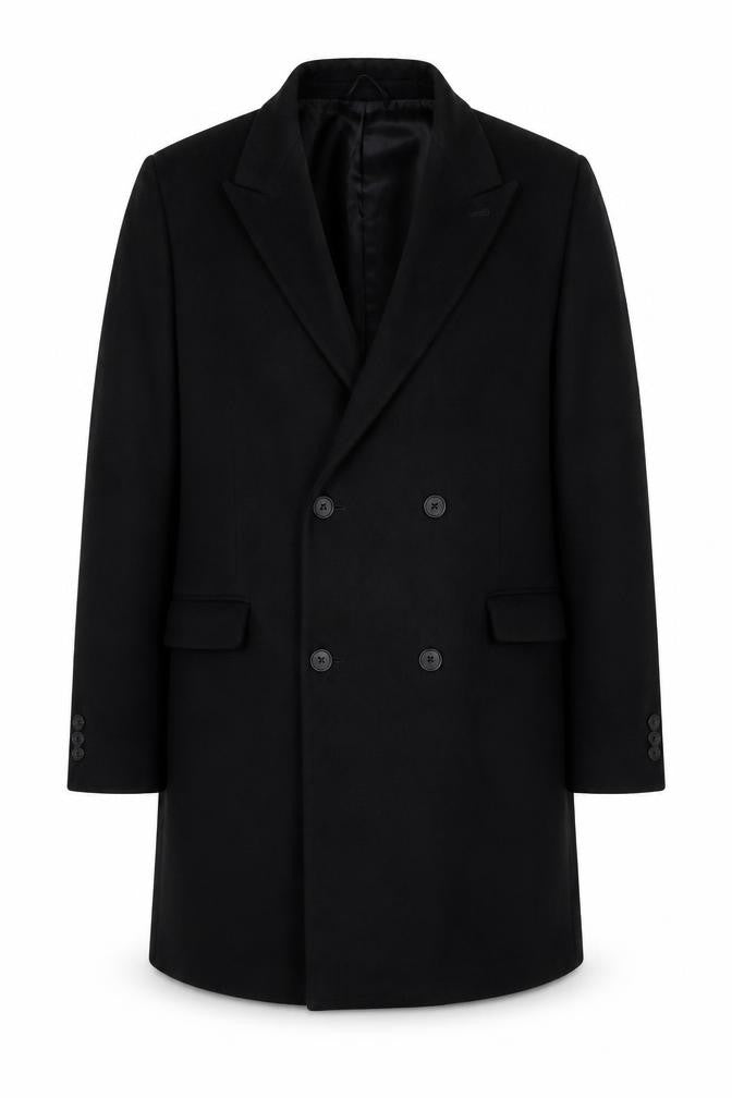Front view of Moss London Men's Black Slim Fit Overcoat, size 46R