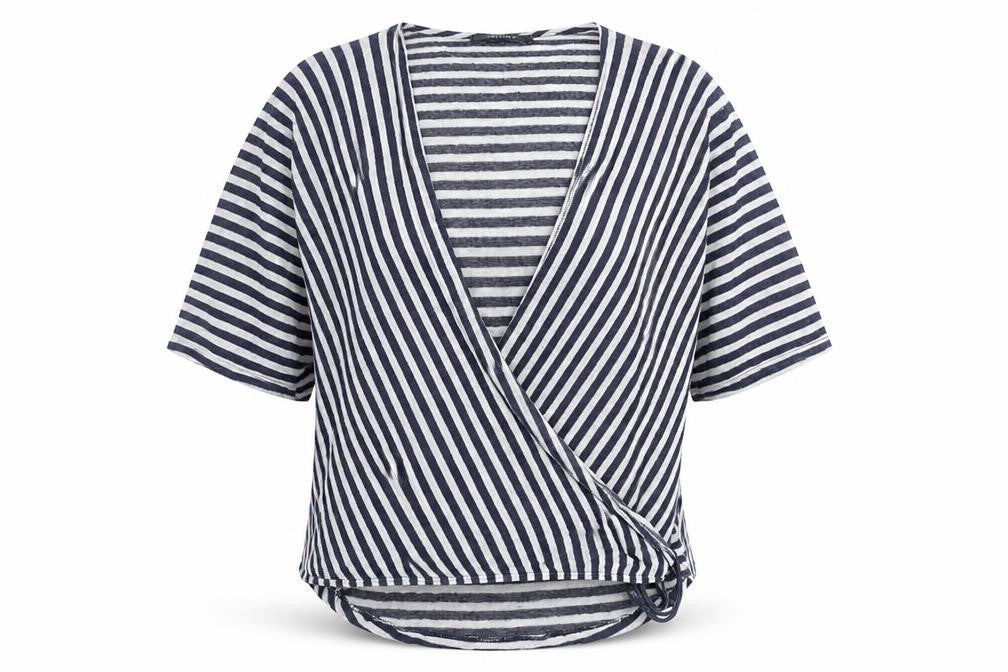 Front view of COIN 1804 Women's Black Stripe Wrap Jumper XL