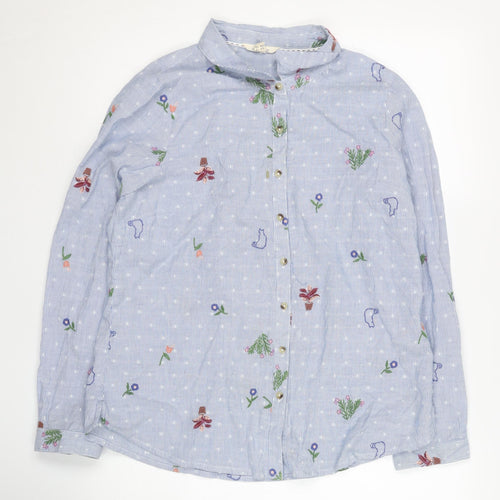 White Stuff Women's Blue Embroidered Button-Up Shirt Size 12
