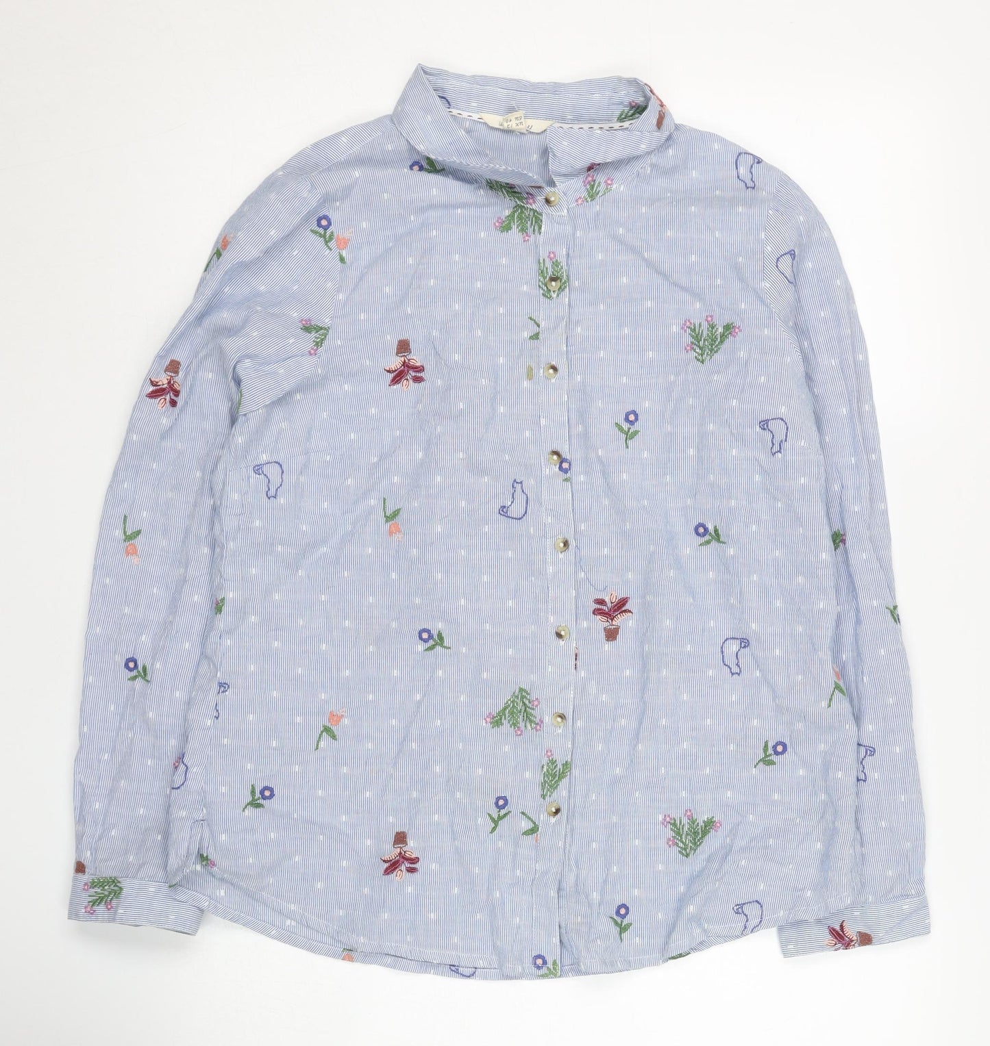 White Stuff Women's Blue Embroidered Button-Up Shirt Size 12