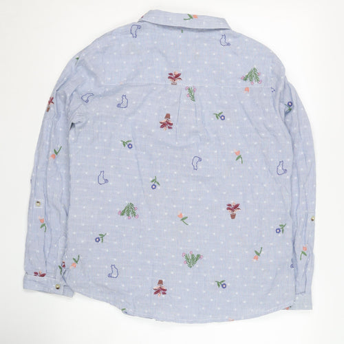 White Stuff Women's Blue Embroidered Button-Up Shirt Size 12