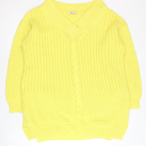 TU Women's Yellow V-Neck Cable Knit Jumper Size 12