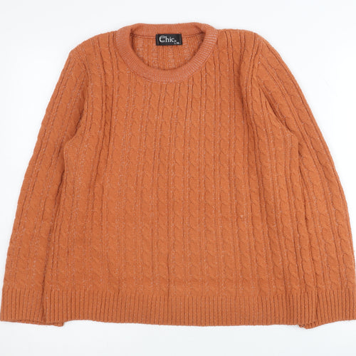 Chic Women's Orange Crew Neck Cable-Knit Pullover