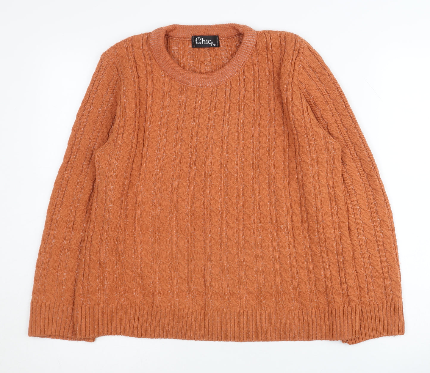 Chic Women's Orange Crew Neck Cable-Knit Pullover