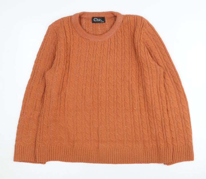 Chic Women's Orange Crew Neck Cable-Knit Pullover