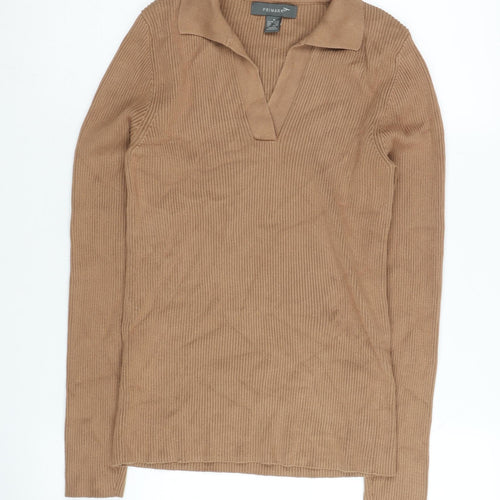 Primark Women Brown Collared Slim Jumper, Size S