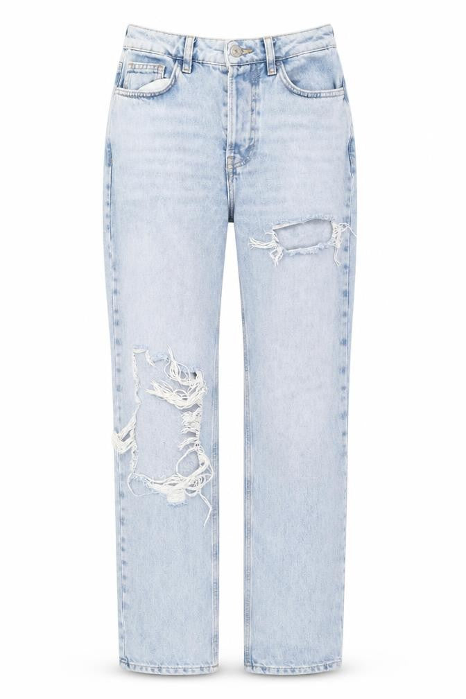 Front view of Primark Women's Blue Distressed Straight Jeans, size 6