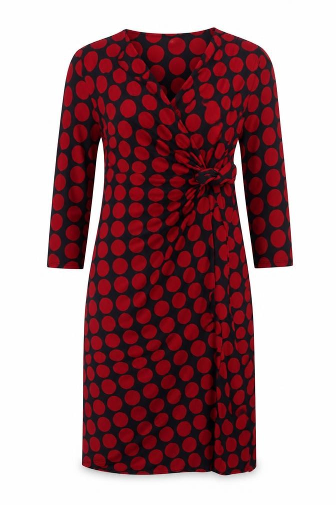 Front view of Country Casuals Women's Red Polka Dot Wrap Midi Dress M