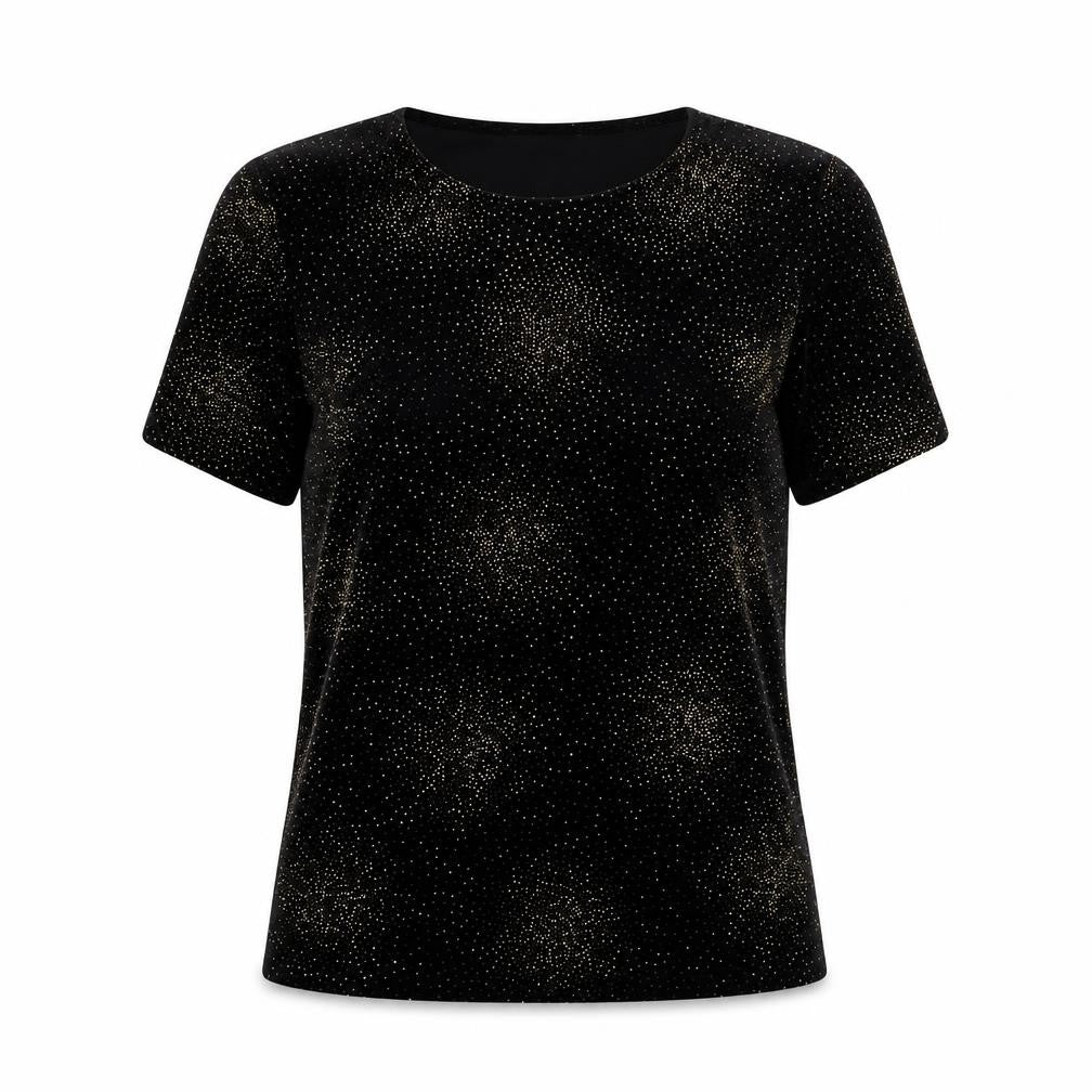 Front view of After Dark Women's Black Glitter T-Shirt, size 10