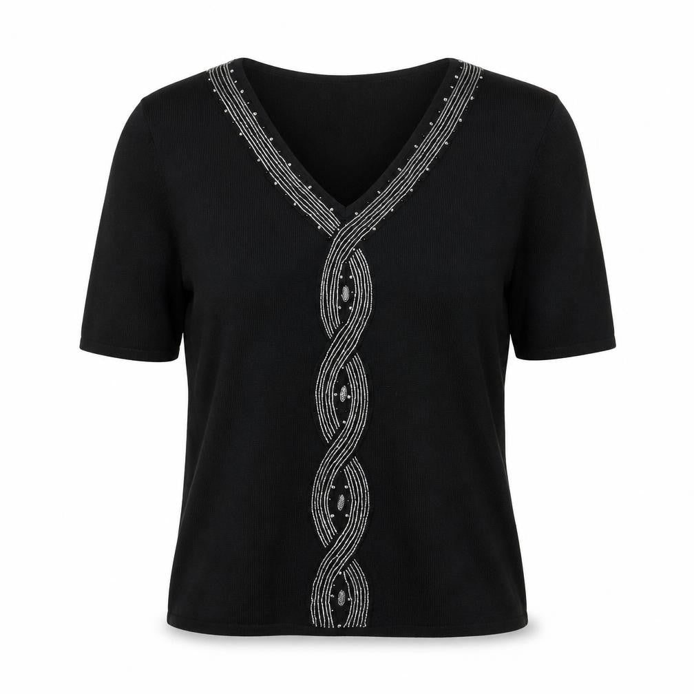Front view of Avant Garde Women's Black V-Neck Beaded Jumper S