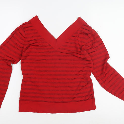 Marks and Spencer Women Red V-Neck Striped Pullover Jumper