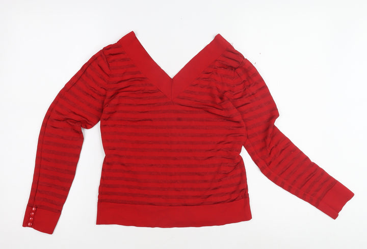 Marks and Spencer Women Red V-Neck Striped Pullover Jumper