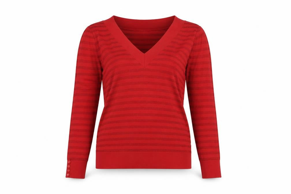Front view of Marks & Spencer Women Red V-Neck Striped jumper