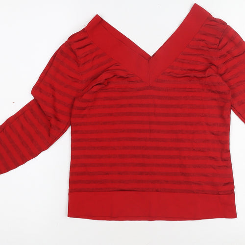 Marks and Spencer Women Red V-Neck Striped Pullover Jumper