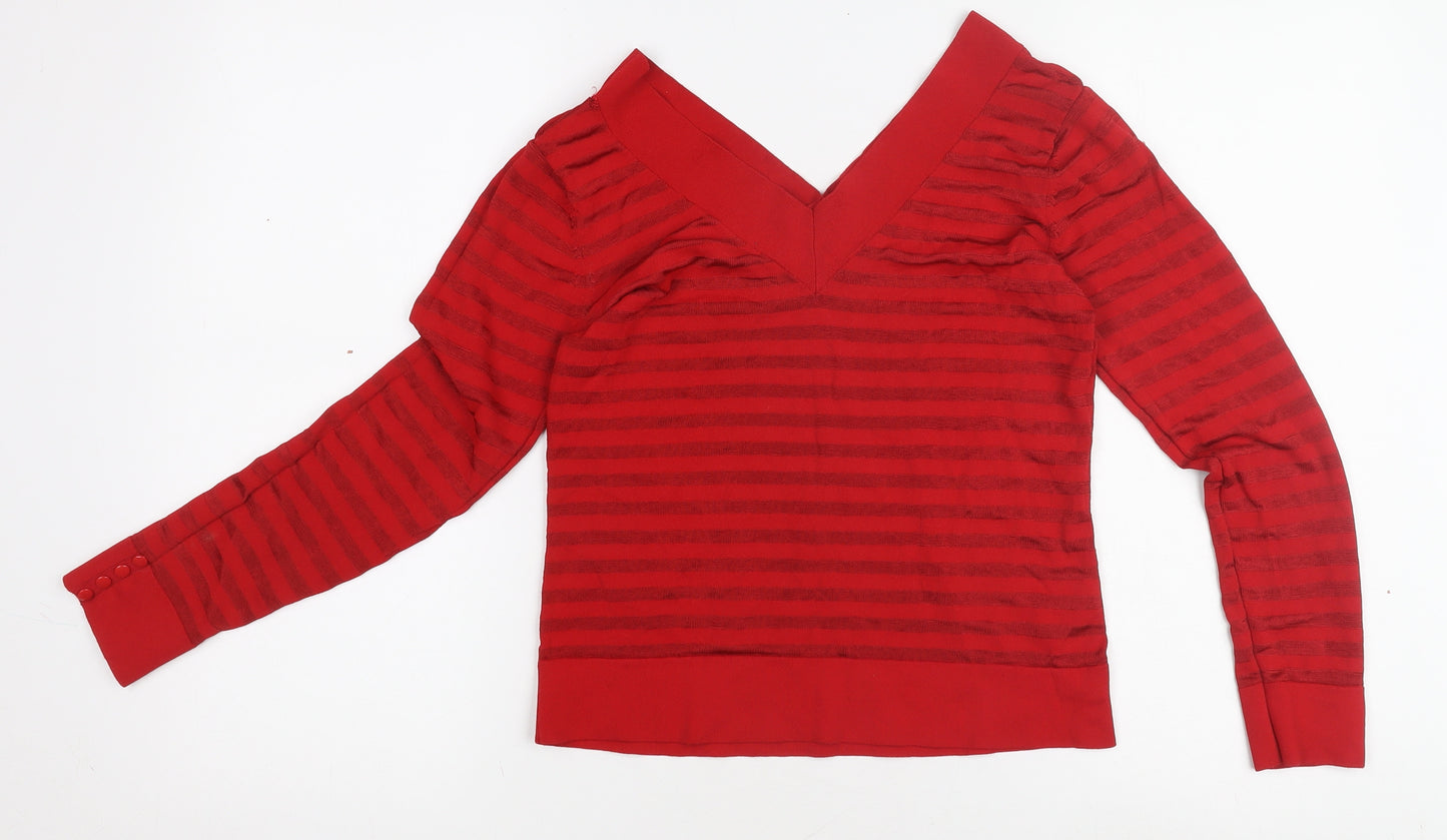 Marks and Spencer Women Red V-Neck Striped Pullover Jumper