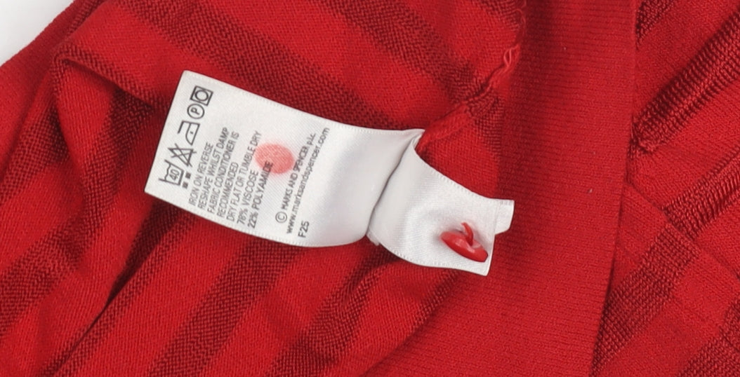 Marks and Spencer Women Red V-Neck Striped Pullover Jumper