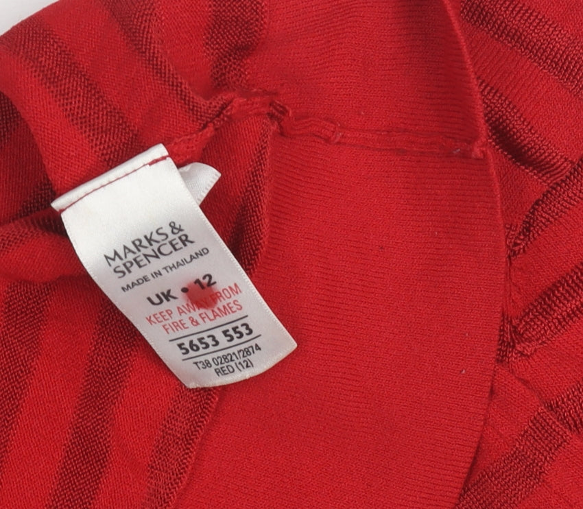 Marks and Spencer Women Red V-Neck Striped Pullover Jumper