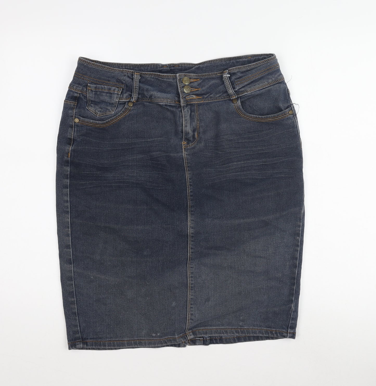 24 Seven Women's Blue Denim Pencil Skirt, Size 10, Casual Style