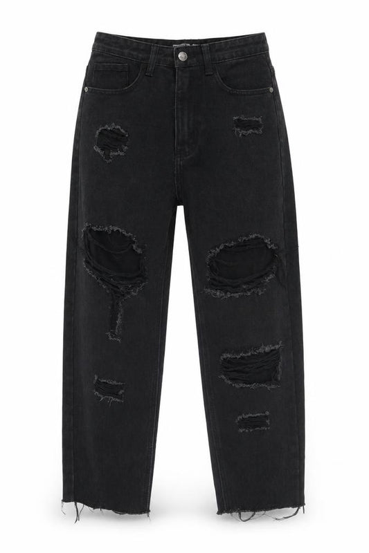 Front view of PRETTYLITTLETHING Women's Black Mom Distressed Jeans, size 8