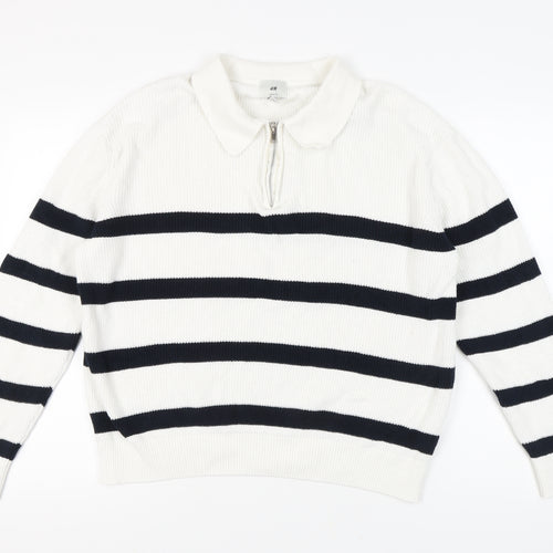 H&M Women's White Striped Full Zip Collared Jumper L