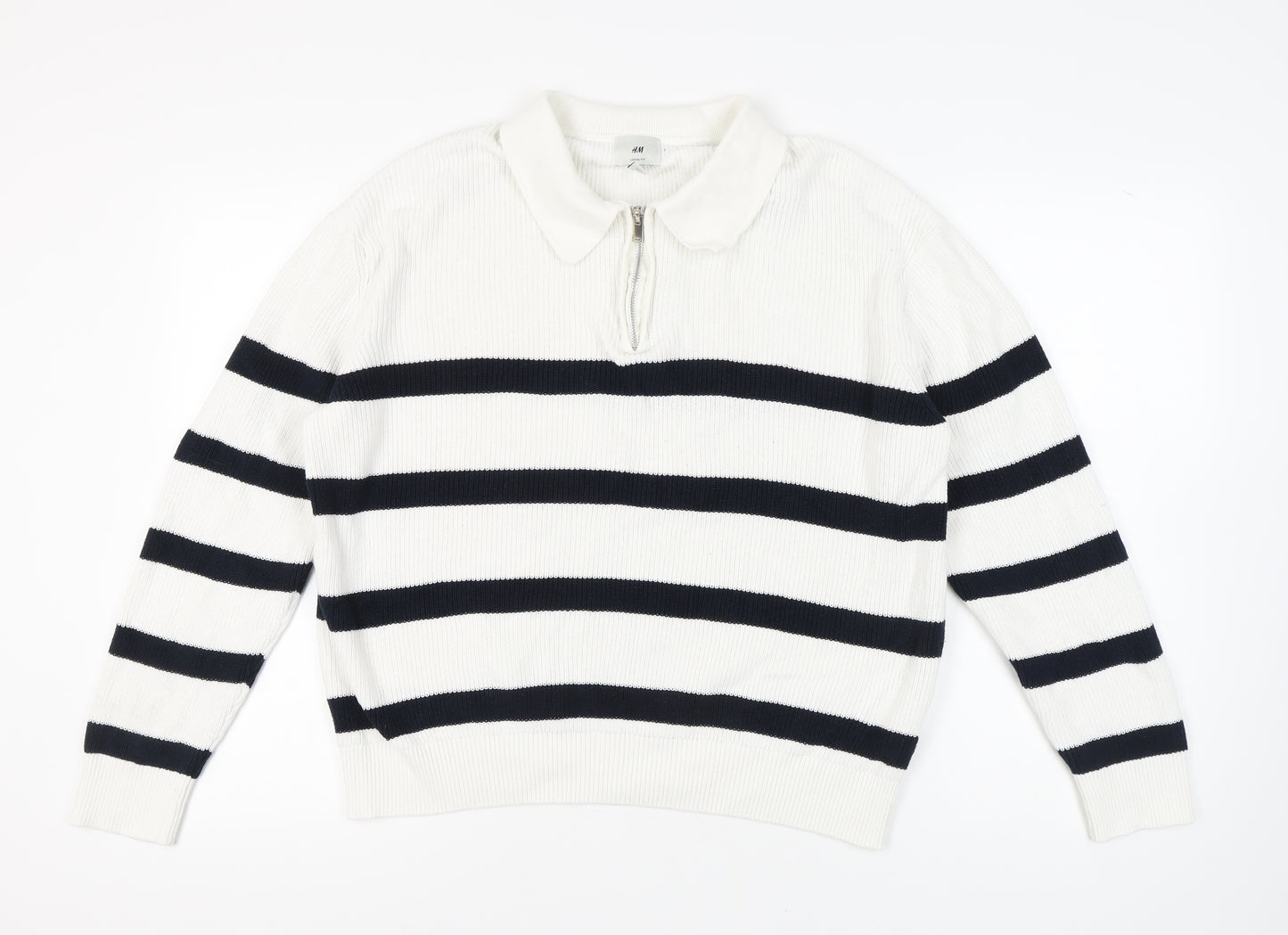 H&M Women's White Striped Full Zip Collared Jumper L