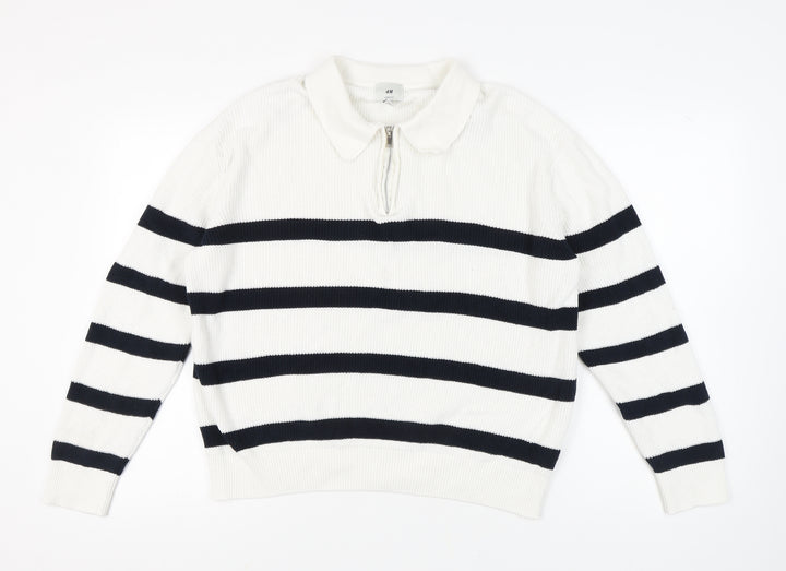 H&M Women's White Striped Full Zip Collared Jumper L