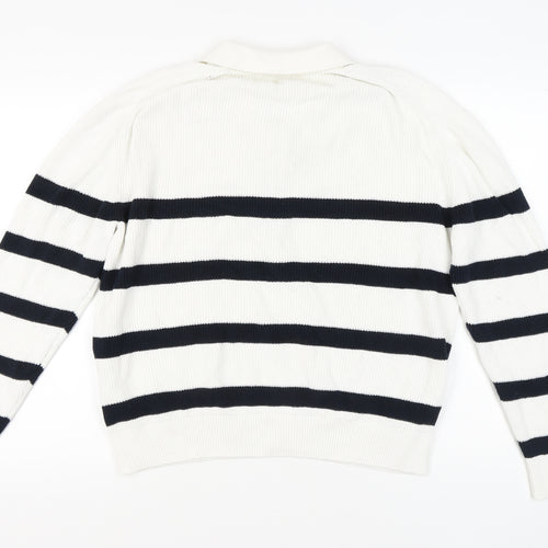 H&M Women's White Striped Full Zip Collared Jumper L