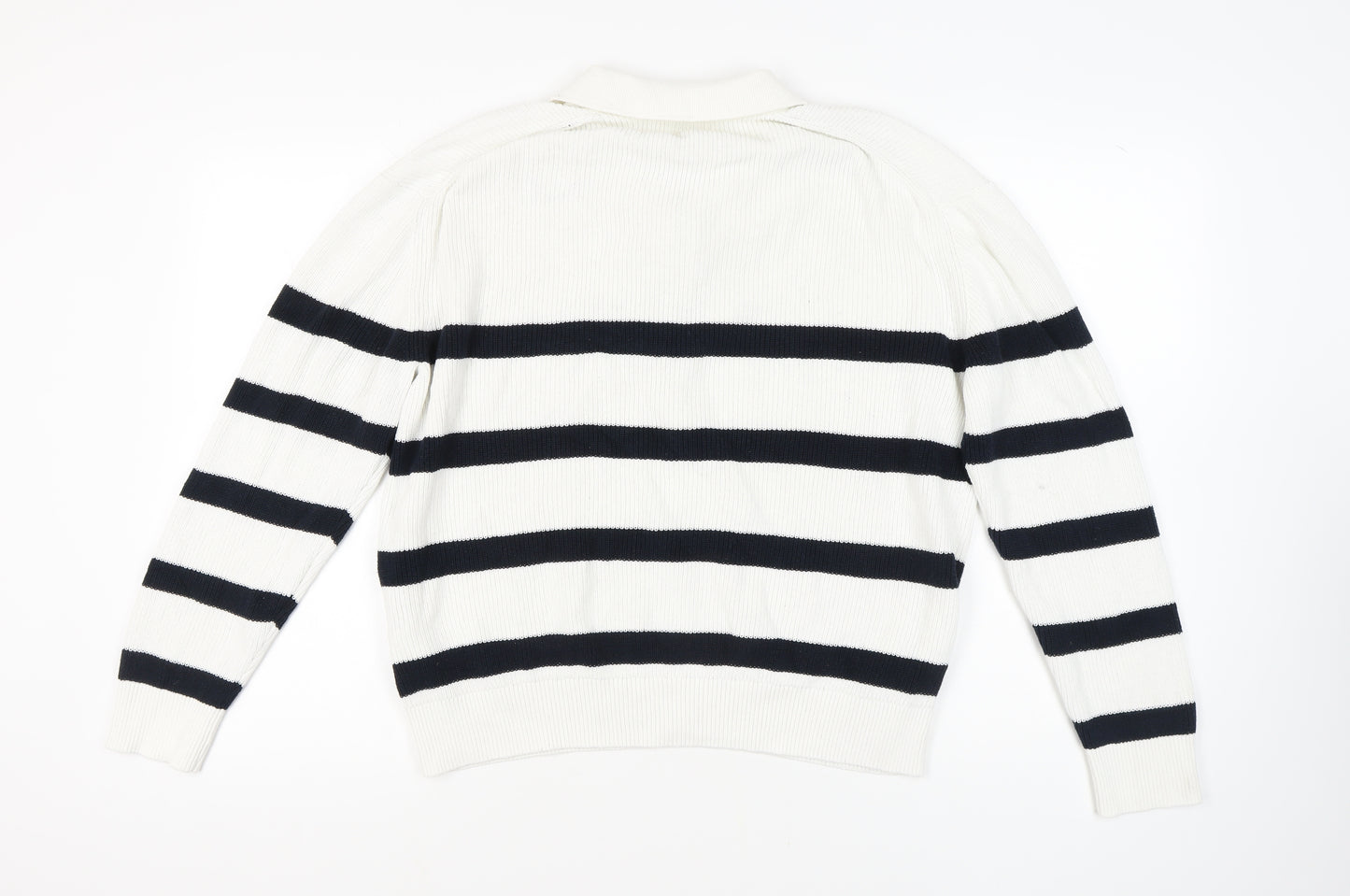 H&M Women's White Striped Full Zip Collared Jumper L
