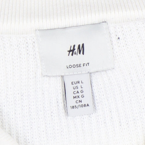 H&M Women's White Striped Full Zip Collared Jumper L