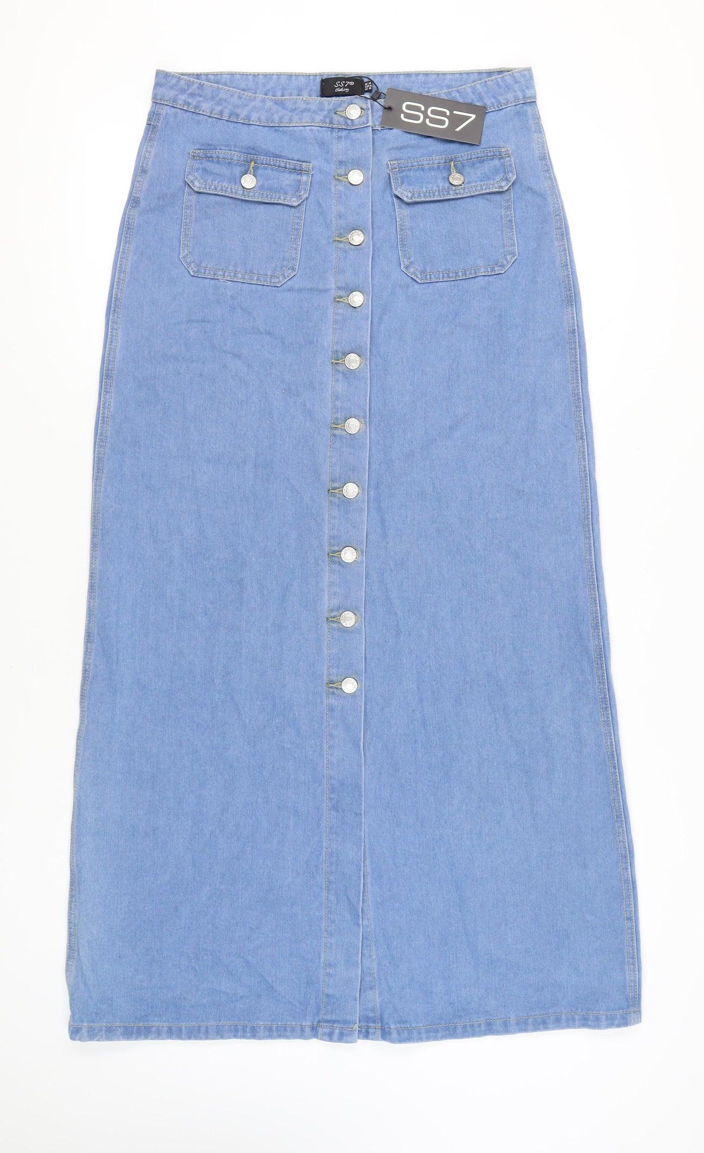 SS7 Women's Blue Denim Midi Skirt Size 14 Button Pocket
