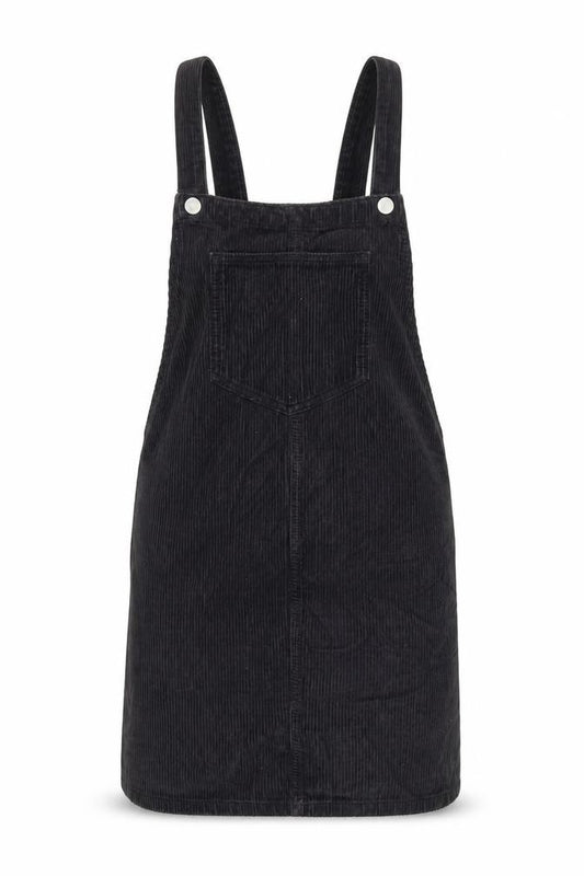 Front view of Topshop Black Corduroy Pinafore Dress, size 8, Casual Women's