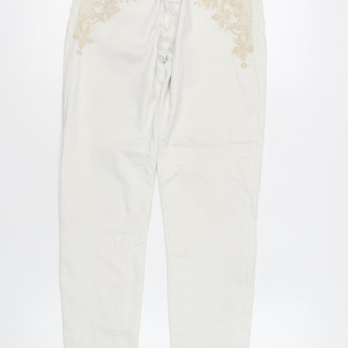 Cortefiel Women's Ivory Skinny Jeans, Size 2XS, Embroidered