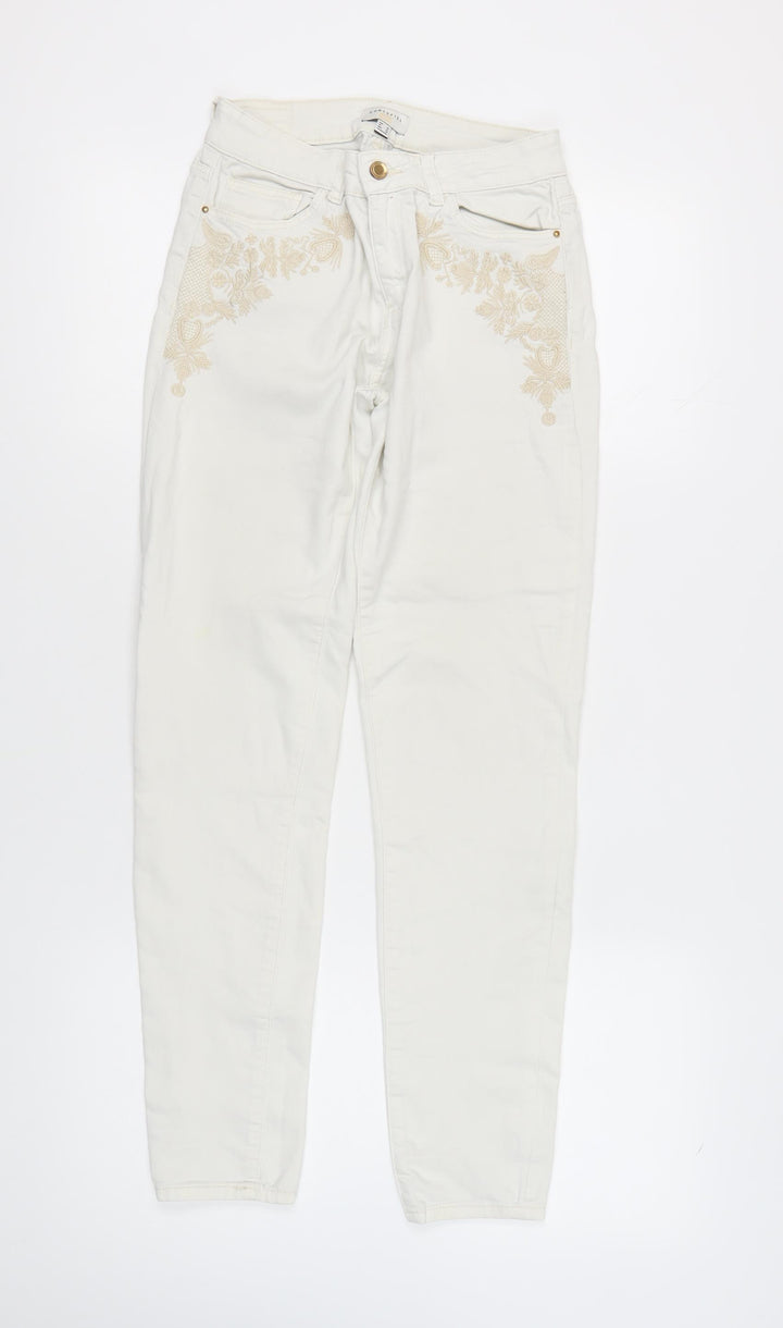 Cortefiel Women's Ivory Skinny Jeans, Size 2XS, Embroidered