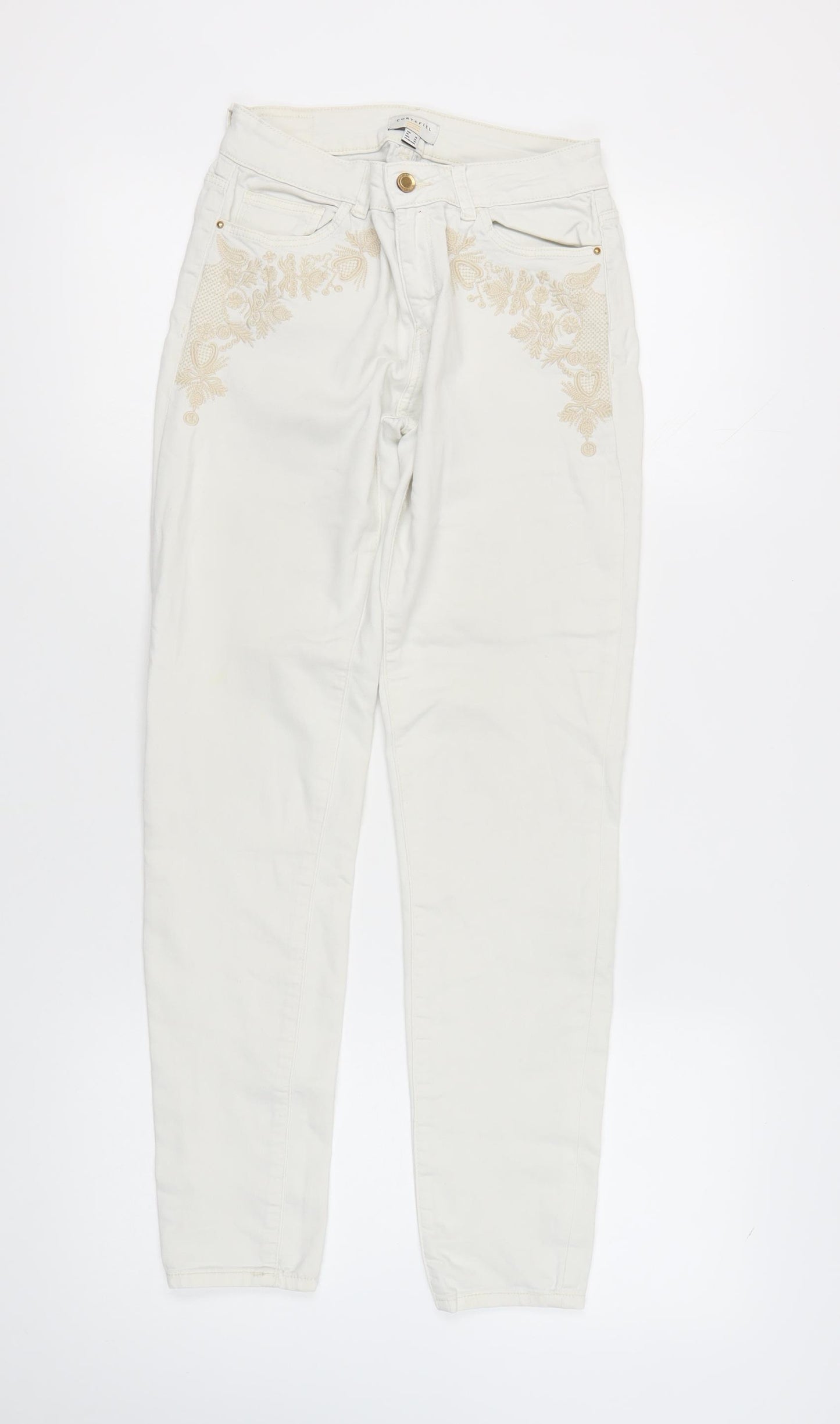 Cortefiel Women's Ivory Skinny Jeans, Size 2XS, Embroidered