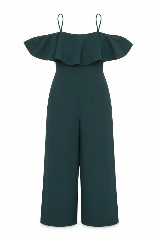 Front view of H&M Women's Green Off-Shoulder Jumpsuit, size 8