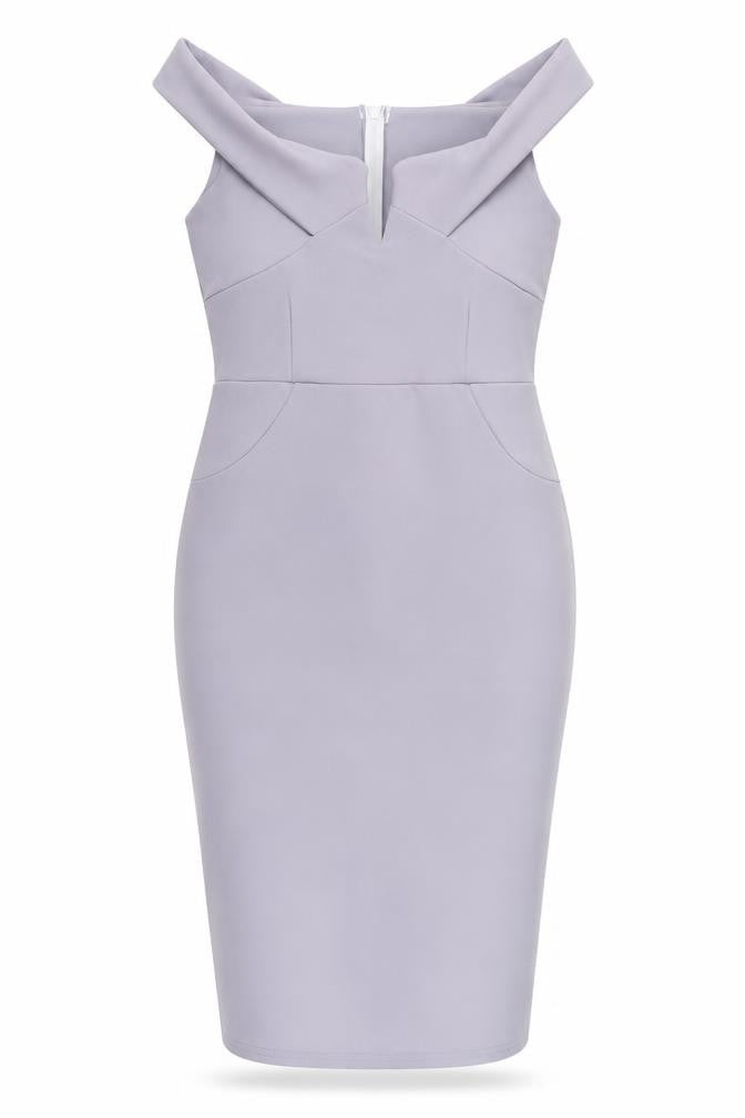 Front view of Missguided Women's Grey Off Shoulder Midi Pencil Dress